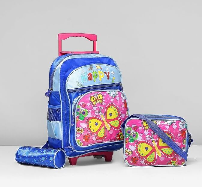 Рюкзак школьн.Бабочки,32*12*40,с сумкой и косм., на колесах синий (Ф*), код: т6934