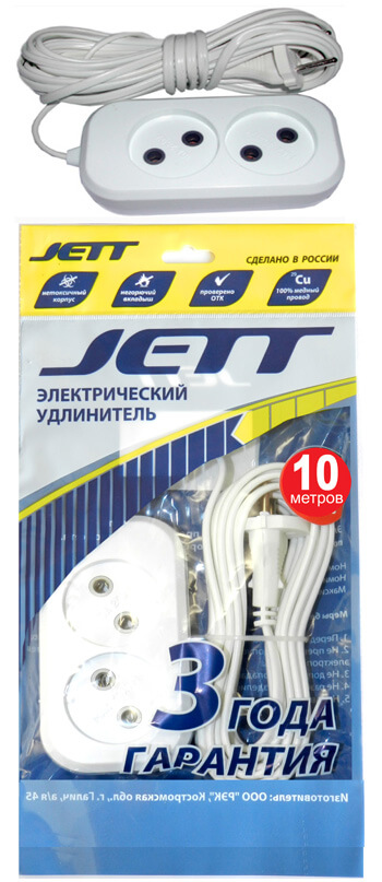 Удлинитель 10 м*3 Jett  2*0.75 6A белый РС-3 /50 шт 448843 (Ф*), код: у4000